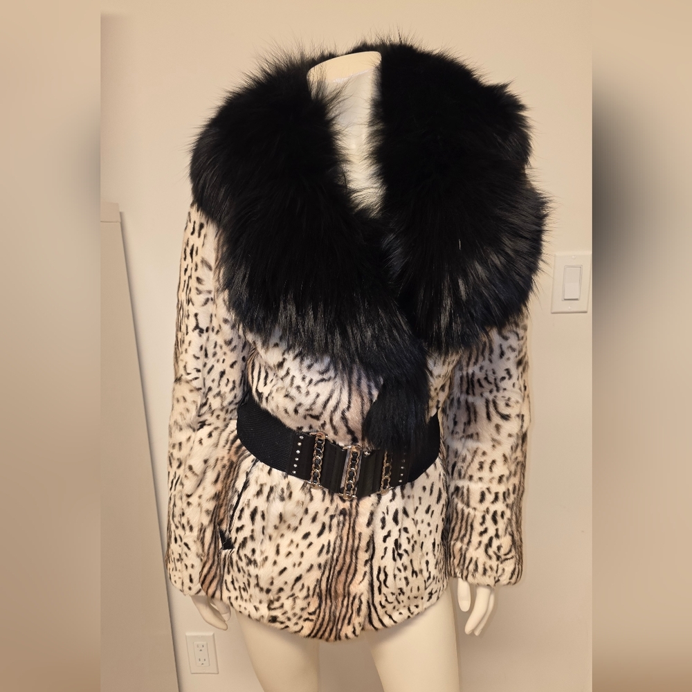 Luxurious Animal Print Belted Goat Fur Coat With Black Fox Fur Collar